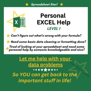 Può includere: Grafica verde con il testo "Personal EXCEL Help" e il logo Excel. Il testo include "Level 1" e punti elenco sui problemi dei dati. È inclusa anche la frase "Let me help with your data problems".