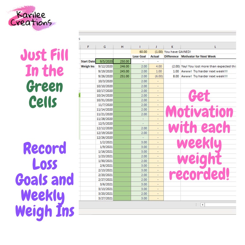 Easy Excel Weight Loss Goal Creator and Tracker Get Motivated Start Now