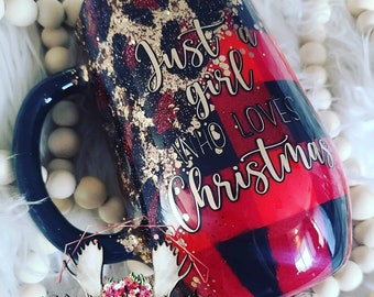 Just a girl who loves Christmas// Buffalo Plaid // glitter// checkered // black // personalized tumbler // red // glitter tumbler// gold