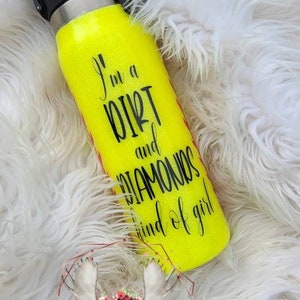 I'm a Dirt and Diamonds Kind of girl  // glitter// softball personalized tumbler // yellow //red// glitter tumbler// custom// laces