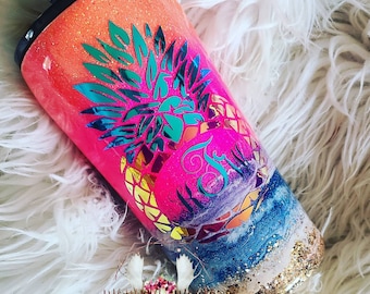 Orange pink Beach tumbler // beach glitter tumbler // pineapple //custom tumbler// personalized tumbler