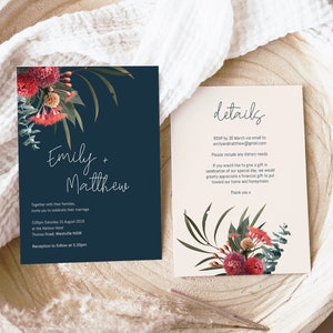 EDITABLE Wedding Invitation | Native Flower Australian Navy Rustic Leaves Eucalyptus Greenery Invite Bundle Instant Download Details #SB1