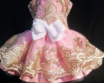 Unique Designer Pink & Gold, Custom Hand Made, Elegant Wedding or Special Occasion Harness Dress For Small Breed Dog and Puppy