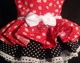 Elegant Custom Hand Made, Red, Black and Daisies Harness Dress For Small Breed Dog and Puppy