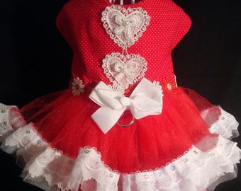 Sweet Custom Handmade, Red and White Harness Dress For Small Breed Dog and Puppy