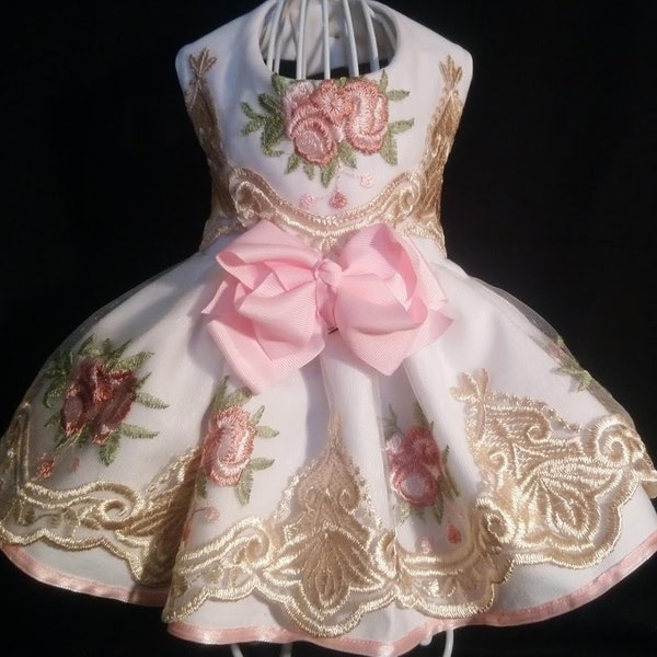 Unique, Exquisite, White, Pink & Gold, Elegant Wedding or Special Occasion Harness Dress For Small Breed Dog.