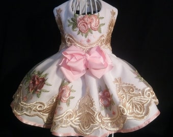 Unique, Exquisite, White, Pink & Gold, Elegant Wedding or Special Occasion Harness Dress For Small Breed Dog.