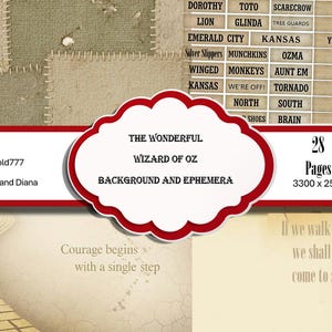 Könnte beinhalten: Ein digitales Hintergrund- und Ephemera-Set zum Thema "Der Zauberer von Oz". Das Bild zeigt ein rot-weißes Banner mit dem Titel, einer Liste von Charakteren und einem Zitat. Der Hintergrund hat ein Patchwork-Design und eine gelbe Backsteinstraße.