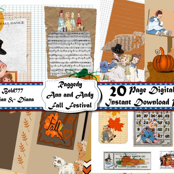 DIGITAL 20 PAGES of Fall Raggedy Ann and Andy Junk journal DIGITAL instant printable