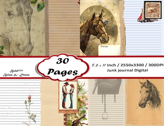 The  Wild Rose Trail Horse Journal: Vintage Western Junk Journal Kit, Wild West Digital Ephemera, Rustic Prairie (Digital Download)