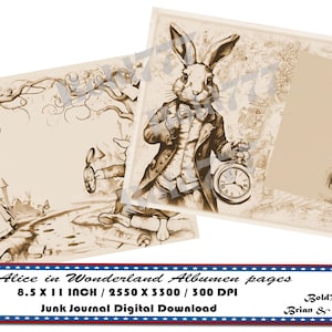 Könnte beinhalten: 25 digitale druckbare Seiten mit Illustrationen zum Thema Alice im Wunderland. Die Seiten sind 8,5 x 11 Zoll groß und haben eine Auflösung von 300 DPI. Die Illustrationen zeigen Alice, das weiße Kaninchen und eine Taschenuhr.