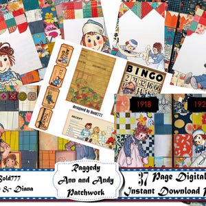 Pode incluir: Uma impressão digital com designs de patchwork Raggedy Ann e Andy. A imagem inclui ilustrações, efemérides vintage e o texto "37 Page Digital Instant Download Print". A paleta de cores inclui vermelho, azul e amarelo.