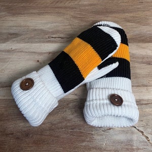 Up-cycled HOCKEY SOCK MITTENS | Gold-Black-White | Handmade |Game- worn knit hockey socks | Polar fleece lined | Size fits most adults