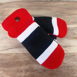 Up-cycled HOCKEY SOCK MITTENS | Red- Black- White | Handmade | Game-worn knit hockey socks | Polar fleece lined | One size fits most