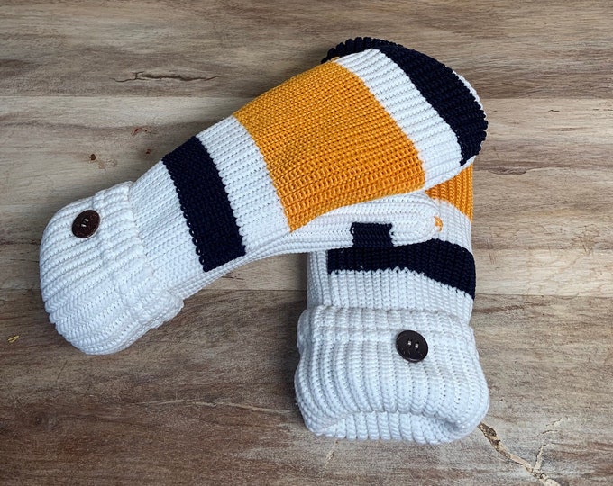 Up-cycled HOCKEY SOCK MITTENS | White-Navy-Gold | Handmade | Made from game-worn hockey socks | Fully lined | One size fits most