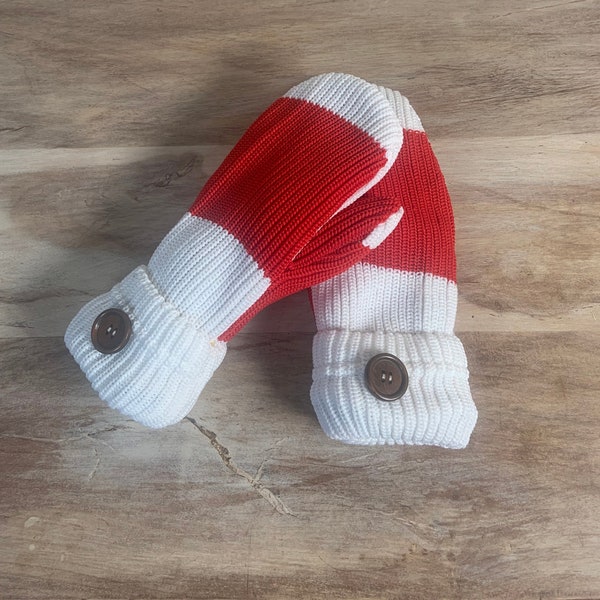 Up-cycled HOCKEY SOCK MITTENS | White & Red | Handmade | Game-worn knit hockey socks | Polar fleece lined | One size fits most