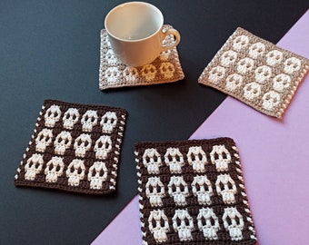 Set 4 Cute Crochet Coasters with Skulls for Gift for Gothic Lover