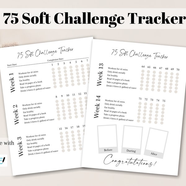 75 Soft Challenge Tracker | Minimalistic Tracker | Goal Planner | Meal Planner | 75 Days Soft Planner