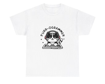 May include: White t-shirt with a black and white illustration of a cat wearing headphones and typing on a keyboard. The text "Purr-ogrammer" is written in a circle around the cat.