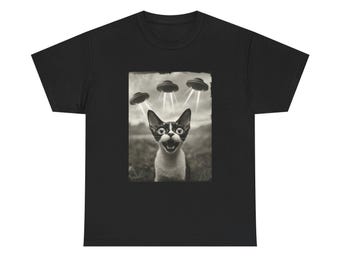 Camiseta unisex con selfie de gato, divertida camiseta de gato, camiseta de extraterrestre con ovni, divertida camiseta gráfica, regalo genial para amantes de los gatos