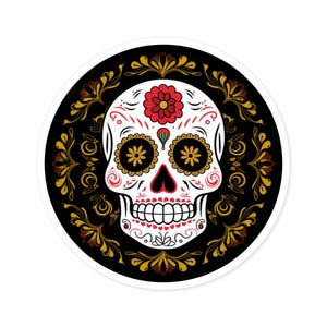 Vibrante pegatina de vinilo de calavera de azúcar / Arte del Día de Muertos / Calcomanía portátil / Pegatina de botella de agua