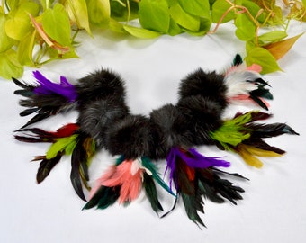 Black Rabbit Fur With Feathers - Feather Cat Toy / Natural Fur / Cat Toy / Cat Teaser Toy / Teaser Toy / Fur Cat Toy With Feathers