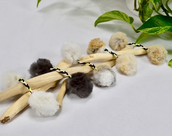 Double Mini Pom Pom With Braid - Rabbit Fur Pom Pom Cat Toy / Natural Fur / Cat Toy / Cat Teaser Toy / Toss Toy / Cat Toy Catnip And Bell