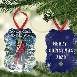 Personalized Couples Ornament | Mistletoe Kisses | Christmas Holiday Keepsake | Custom Portrait | Gift For Girlfriend | Stocking Stuffer