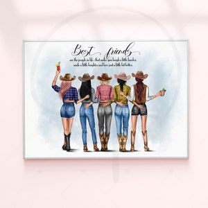 Ilustración personalizada Amigas campesinas / Arte de pared para mejor amiga / Retrato occidental personalizado / Idea de regalo de cumpleaños / Regalo perfecto para mujer