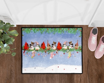 Door Mat/Floor Mat | Cardinals & Chickadees On A Holly Branch | Christmas Stockings | Indoor Outdoor Holiday Decor | Mom Gift | Kitchen Mat