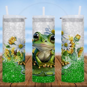 Copo magro de vidro fosco de 25 onças | Sapo verde brilhante bonito | Presente para filha | Presente de melhor amigo | Presente de aniversário da irmã | Presente de sapo fofo