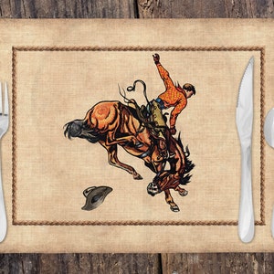 Linen Placemat | Vintage Bucking Bronc Rodeo Cowboy | Ranch Brand | Western Table Decor | Cattle Rancher | Ranch Mom Gift |Western Home Gift