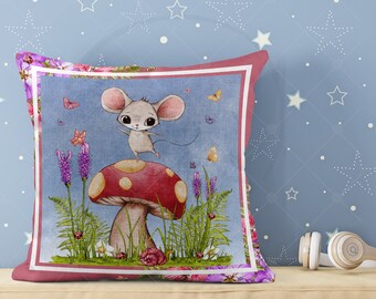 Linen Pillow Cover | Mouse Dancing & Mushrooms Bed Pillow | Child Room Decor | Accent Pillow for Child | Sister Gift | Friend Gift for Child