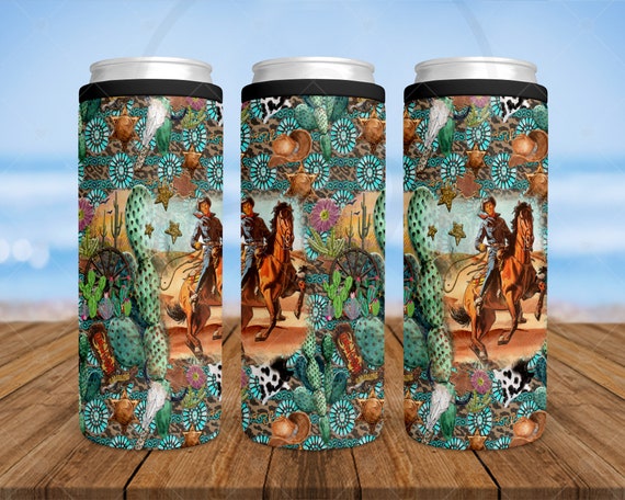 12oz Skinny Can Cooler Vintage Cowboy Western Turquoise Stainless