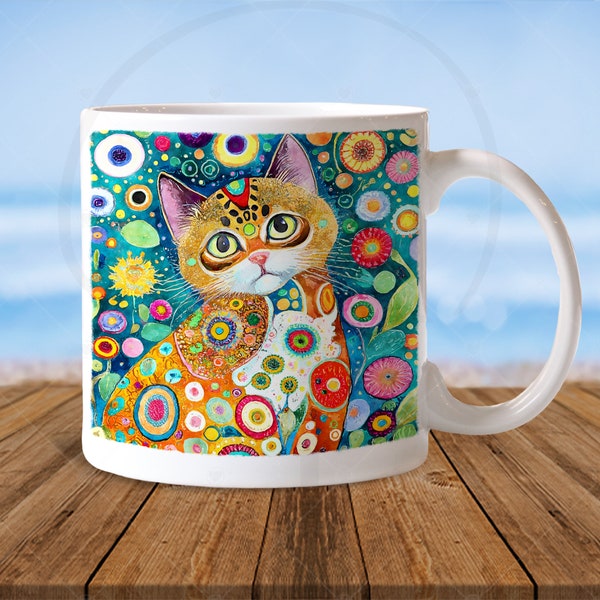 Tasse à café géante en céramique de 20 oz avec chat | Aquarelle de chat | Chat tigré tacheté | Inspiré de Klimt | Cadeau pour maman en fourrure | Anniversaire soeur | Crazy Cat Lady