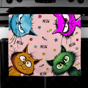 Waffle Weave Hand Towel | Cartoon Cats | Meow | Moody Cat Funnies | Flowers & Fish Bones | Kitchen Cat Towel | Friend Gift | Bad Kitty