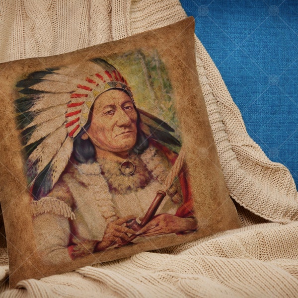 Leathaire Pillow Tan | Vintage Sitting Bull | Vintage Western Leather Pillows | Indian Chief | Southwestern Home Decor | Housewarming Gift