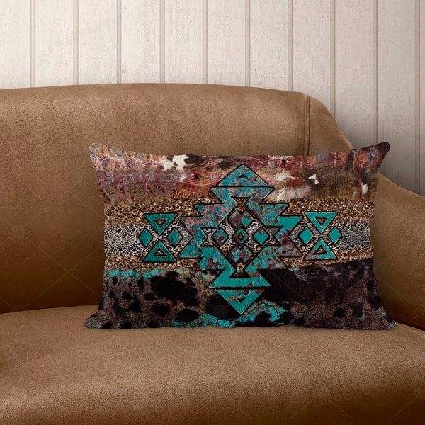 Linen Lumbar Pillow | Western Aztec Turquoise | Southwestern Decor | Country Living | Aztec Throw Pillow | Housewarming Gift | Anytime Gift
