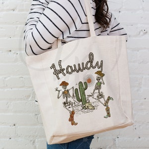 Umhängetasche aus Leinen | Cowboy Skelett Vintage Howdy Design | Canvas Tasche | Öko Einkaufstasche | Geschenk für Freund | Mama Geburtstagsgeschenk