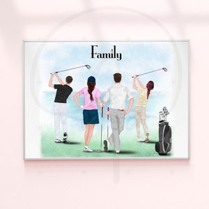 Gepersonaliseerde illustratie golffamilie | Familie golfen muurkunst | Starttijd | Par vier | Aangepaste kunst familieportret | Cadeau voor vader en moeder
