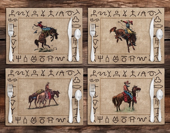 Linen Placemat Set of 4 | Vintage Ranch Brands | Cowboy Bucking Bronc | Vaquero Cattle Brands | Western Cowboy | Kitchen Decor Gift