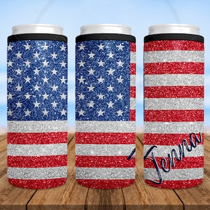 12oz Skinny Can Cooler | American Flag | USA | 4th of July | Insulated Seltzer Beer Can Holder | America Proud | Stars & Stripes | Mom Gift