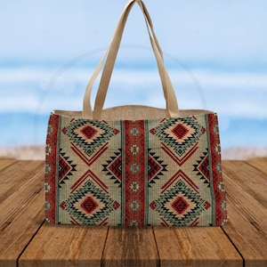 Sac à provisions en toile de jute | Motif tribal indien amérindien | Impression sur tissu aztèque Navajo | Sud-ouest | Sac d'épicerie écologique | Cartable
