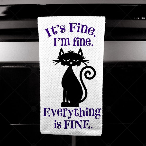 Waffle Weave Hand Towel | Frazzled Cat | It's Fine I'm Fine Everything Is Fine | Kitchen Dish Towel | Fun Cat Gift | Housewarming Gift