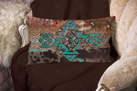 Lumbar Pillow 13x21 Western Aztec Turquoise Southwestern Decor Country  Living Aztec Throw Pillow Housewarming Gift Anytime Gift 