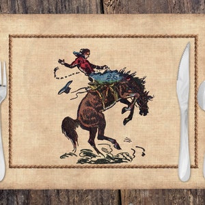 Linen Placemat | Vintage Bucking Bronc Cowboy | Ranch Brand | Western Art Table Decor | Cattle Rancher | Ranch Mom Gift |Western Home Gift
