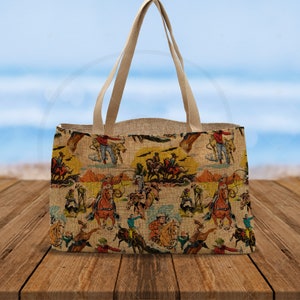 Burlap Shopping Bag | Rodeo Cowboy Western Bucking Bronco | Eco Shopping Grocery Bag | Junk Bag | Book Bag | Gift For Friend | Mom Birthday