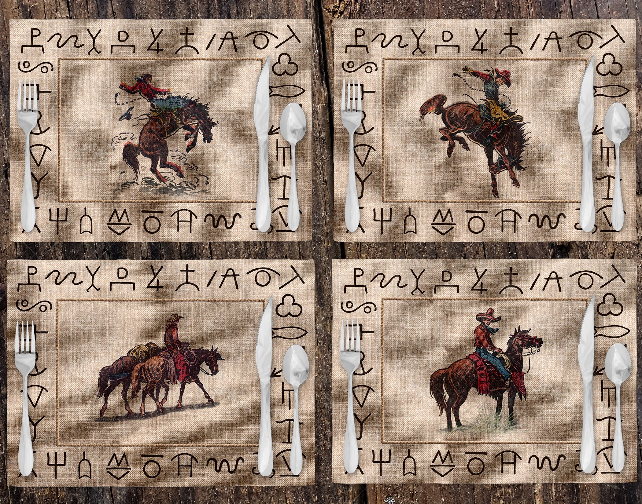 Linen Placemat Set of 4 | Vintage Ranch Brands | Cowboy Bucking Bronc | Vaquero Cattle Brands | Western Cowboy | Kitchen Decor Gift