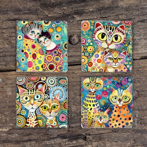 Slate Stone Coaster Set | Cat Watercolor Art | Spotted Tabby Cat | Cat Buddies | Klimt Inspired | Fur Mom | Sister Birthday | Crazy Cat Lady