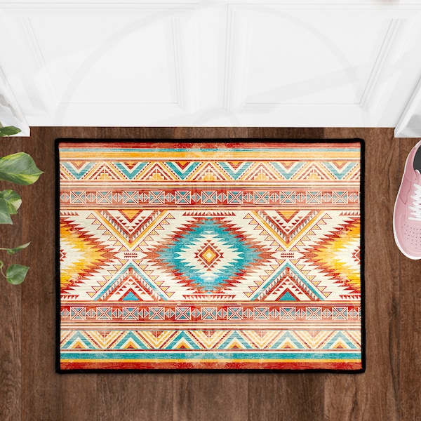 Door Mat/Floor Mat | Native American Indian Ornament Pattern | Geometric Ethnic Textile Texture | Tribal Aztec Pattern Navajo Mexican Fabric